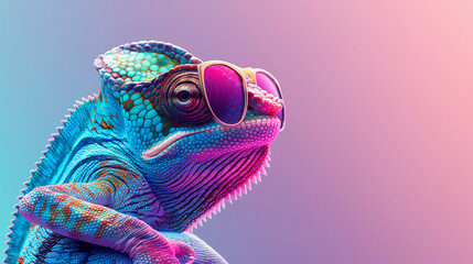 Chameleon wearing sunglasses on a solid color background