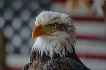 Naklejka premium Majestic Bald Eagle Portrait Against American Flag - A Symbol of Freedom - Generative AI