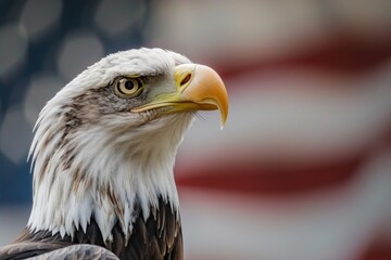 Obraz premium Majestic Bald Eagle Portrait Against American Flag - A Symbol of Freedom - Generative AI