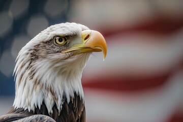 Majestic Bald Eagle Portrait Against American Flag - A Symbol of Freedom - Generative AI