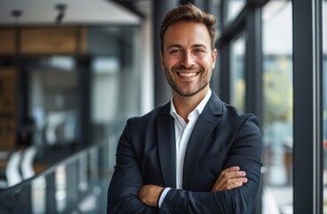 Fototapeta premium Smiling businessman in the office. Portrait of a happy business owner or entrepreneur in a suit.