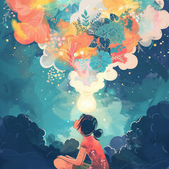 Conceptual illustration: daydream, girl with her head in the clouds, imagination running away with you.