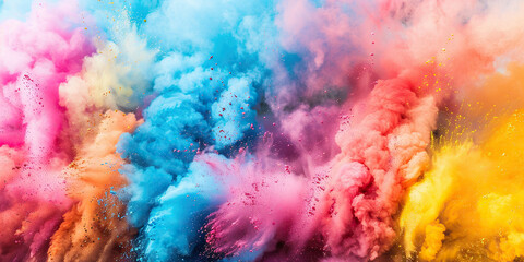 A group of colored powders creating a vibrant display as they scatter through the air, forming abstract patterns.