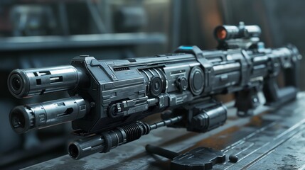 A highly detailed sci-fi rifle with advanced design and optics, set in an industrial environment. - obrazy, fototapety, plakaty