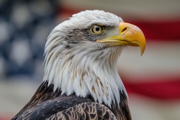 Majestic Bald Eagle Portrait Against American Flag - A Symbol of Freedom - Generative AI
