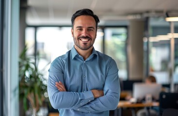 Fototapeta premium Smiling businessman in the office. Portrait of a happy business owner or entrepreneur.