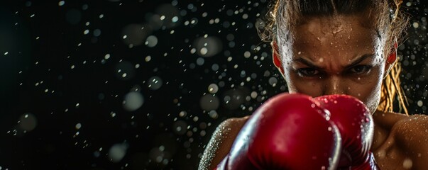 A woman with boxing gloves on black background banner with copy space - obrazy, fototapety, plakaty