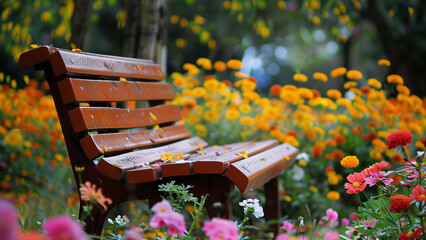 Bench and flowers in the park,vintage color tone,selective focus