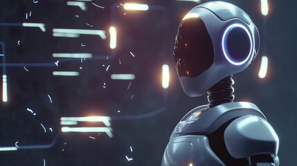 A robot with a humanoid head and glowing circular visual sensor, against an abstract digital backdrop.