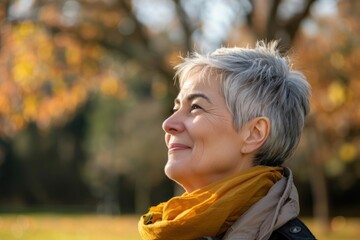 Radiant Joy: A Serene Senior Woman's Blissful Smile in Nature. Generative AI