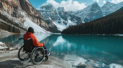 Inspirational View: Wheelchair Traveler Embraces Mountain Serenity - Generative AI