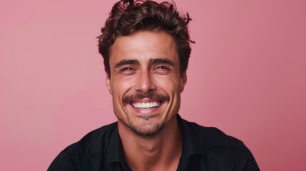 Fototapeta premium Effervescent Smile: Handsome Man Against Pink Backdrop Embodying Joy, Generative AI
