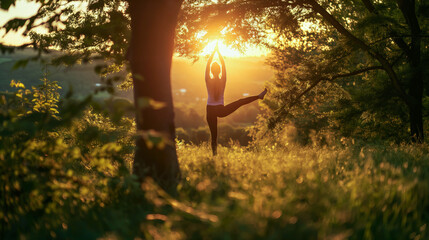 A woman is doing yoga in a forest - obrazy, fototapety, plakaty