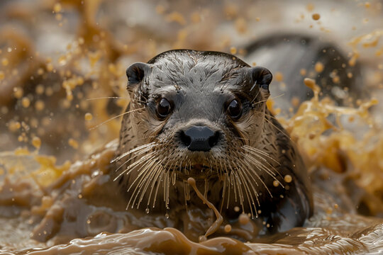 an otter gracefully swims through the muddy water, captured in a photographically detailed portrait. its shiny eyes and strong facial expression add to the captivating image