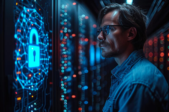 Corporate Guardian: Man in Server Room with Digital Security