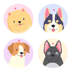 Colored vector set featuring illustrations of different dogs. Spitz, Corgi, Jack Russell, French Bulldog