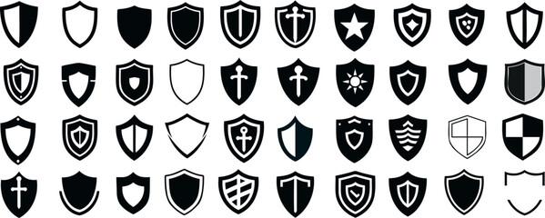 Black heraldic shields, emblematic symbols, logo design, branding, silhouette, knightly, armorial, blazon, escutcheon, safeguard, protection, security, medieval, honor, coat of arms, military, warrior - obrazy, fototapety, plakaty