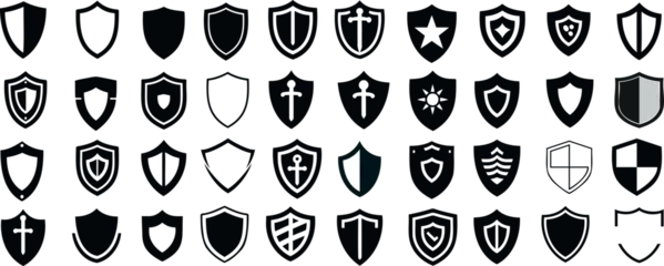 Fotobehang Black heraldic shields, emblematic symbols, logo design, branding, silhouette, knightly, armorial, blazon, escutcheon, safeguard, protection, security, medieval, honor, coat of arms, military, warrior © Arafat