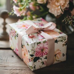 A white box with a pink ribbon and flowers on it