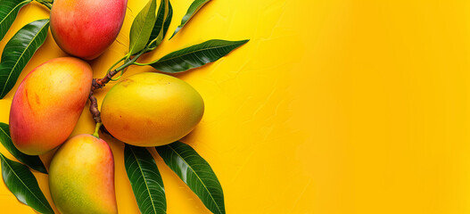 Fresh delicious sweet mangoes , Tropical fruit, vibrant yellow background with fresh mangoes 