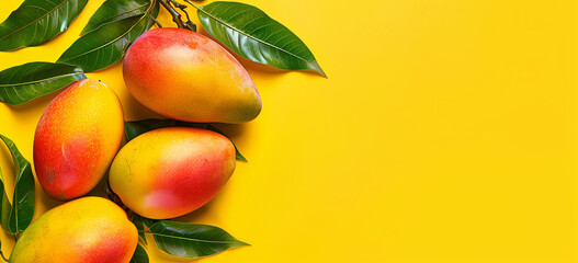 Fresh delicious sweet mangoes , Tropical fruit, vibrant yellow background with fresh mangoes 