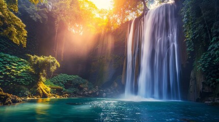 A grand waterfall cascades down rocks in the heart of a dense forest, creating a spectacular display of natures power and beauty. The water rushes down with force, surrounded by vibrant greenery.