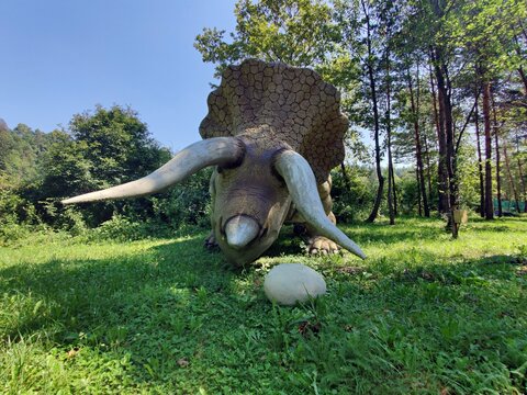 Bled, Slovenia, 16 JULY 2023: Dinosaur Park - beautiful dinosaurs in the forest 