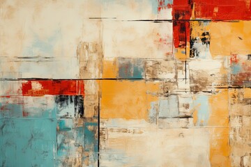 Turquoise and red painting, in the style of orange and beige, luxurious geometry, puzzle-like pieces