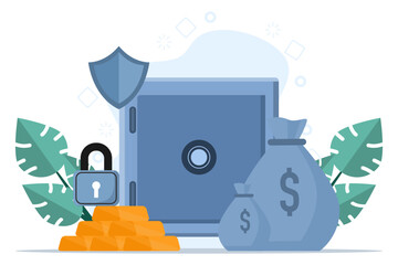 Concept of Invest In Gold, Safe with dollar bills, gold bars with pile of coins, people invest their money in gold, Investment. Vector flat illustration on white background.