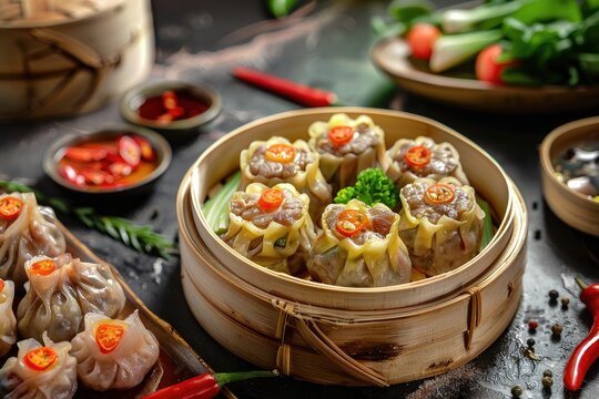 Chinese steamed dumpling dim sum in bamboo basket on table