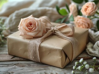 A brown box with a ribbon and two pink roses on top of it
