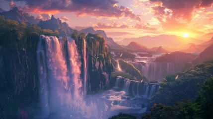 A painting depicting a grand waterfall cascading down rocky cliffs with a vibrant sunset in the...