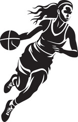 Dunk Dexterity Vector Graphics Illustrating a Female Basketball Players Slam Dunk Court Commando Vector Logo and Design Showcasing a Female Basketball Players Dunk