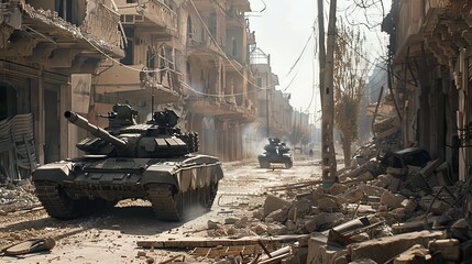 Armored tanks are seen driving down a city street left in ruins, showcasing the brutal aftermath of warfare. The scene is filled with debris, shattered buildings, and a sense of desolation as the - obrazy, fototapety, plakaty