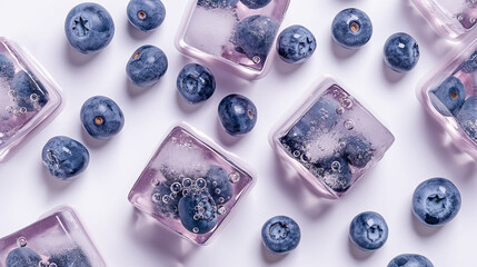 blueberries with ice cubes on a white background
