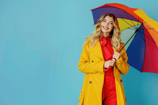A blonde woman in red dress and yellow coat holding colorful umbrella on blue background, smiling