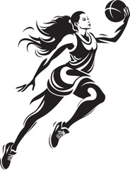 Obraz na płótnie Canvas Dunk Duchess Vector Graphics Depicting a Female Basketball Players Slam Dunk Rim Rebel Vector Logo and Design Showcasing a Female Basketball Player Dunking
