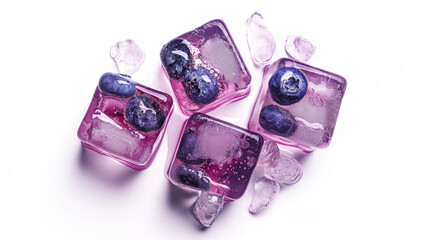 blueberries in frozen ice cubes on a white background