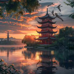 Fototapeta premium Vibrant Scenic Beauty and Traditional Architecture of Jiangsu Province Reflected in the Pristine Lake during a Mesmerizing Sunset