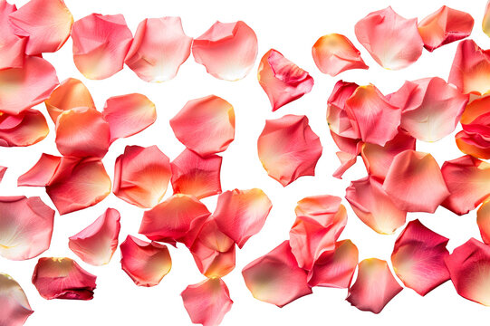 Top view of rose petals randomly scattered on the surface isolated on a cut out PNG transparent background
