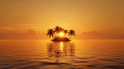 An image capturing a small island surrounded by water with the sun setting in the background, creating a peaceful and serene atmosphere. - obrazy, fototapety, plakaty