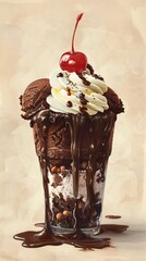 A decadent chocolate brownie sundae with a warm fudgy brownie topped with scoops of vanilla and chocolate ice cream whipped cream chocolate sauce and a cherry on top