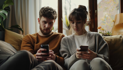 A man and woman sitting on the sofa, watching TV together with their mobile phones in hand, smiling happily at each other