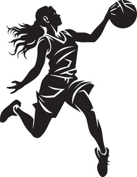 Skyline Shooter Vector Illustration of a Female Basketball Player Making a Dunk Hoop Huntress Vector Graphics Showcasing a Female Basketball Players Slam Dunk