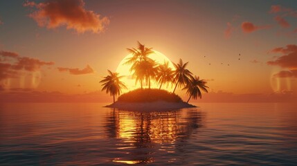 A small island sits surrounded by water, with no other land in sight. The sun is setting in the background, casting a warm glow over the scene.