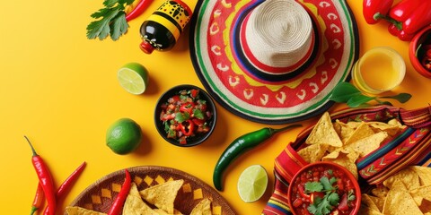 Cinco de Mayo flat lay on a bright yellow backdrop. AI Generated