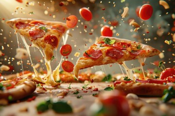 Pizza slice with flying ingredients, close-up. Restaurant menu concept