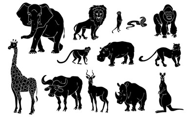 Set of silhouettes, stencils of wild animals of the African savannah.Vector graphics.