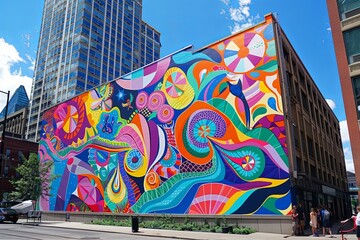 A large, colorful mural adorns the side of a building, depicting a variety of shapes, patterns, and figures in rich hues. Generative AI
