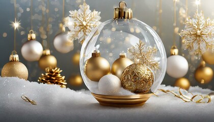 golden christmas balls on snow